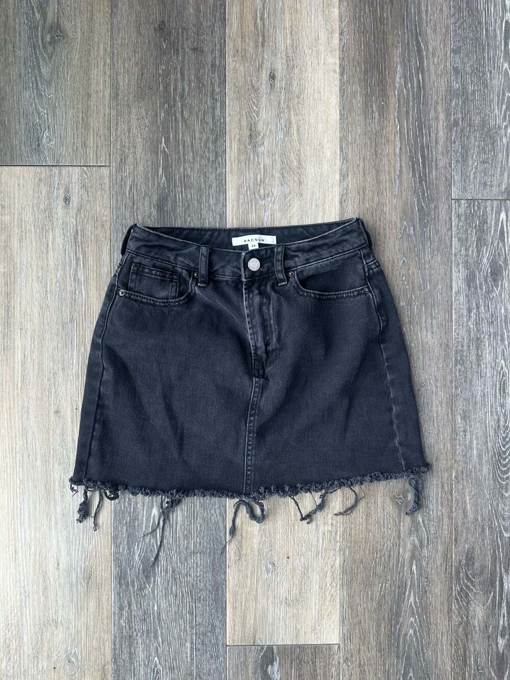 PacSun Black Frayed Hem Denim Mini Skirt High Waisted Size 24 XS